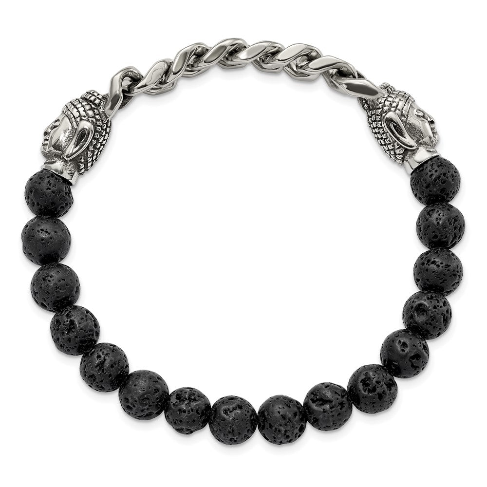 Stainless Steel Antiqued & Polished Buddha Lava Stone Beaded Stretch BracelSRB2754