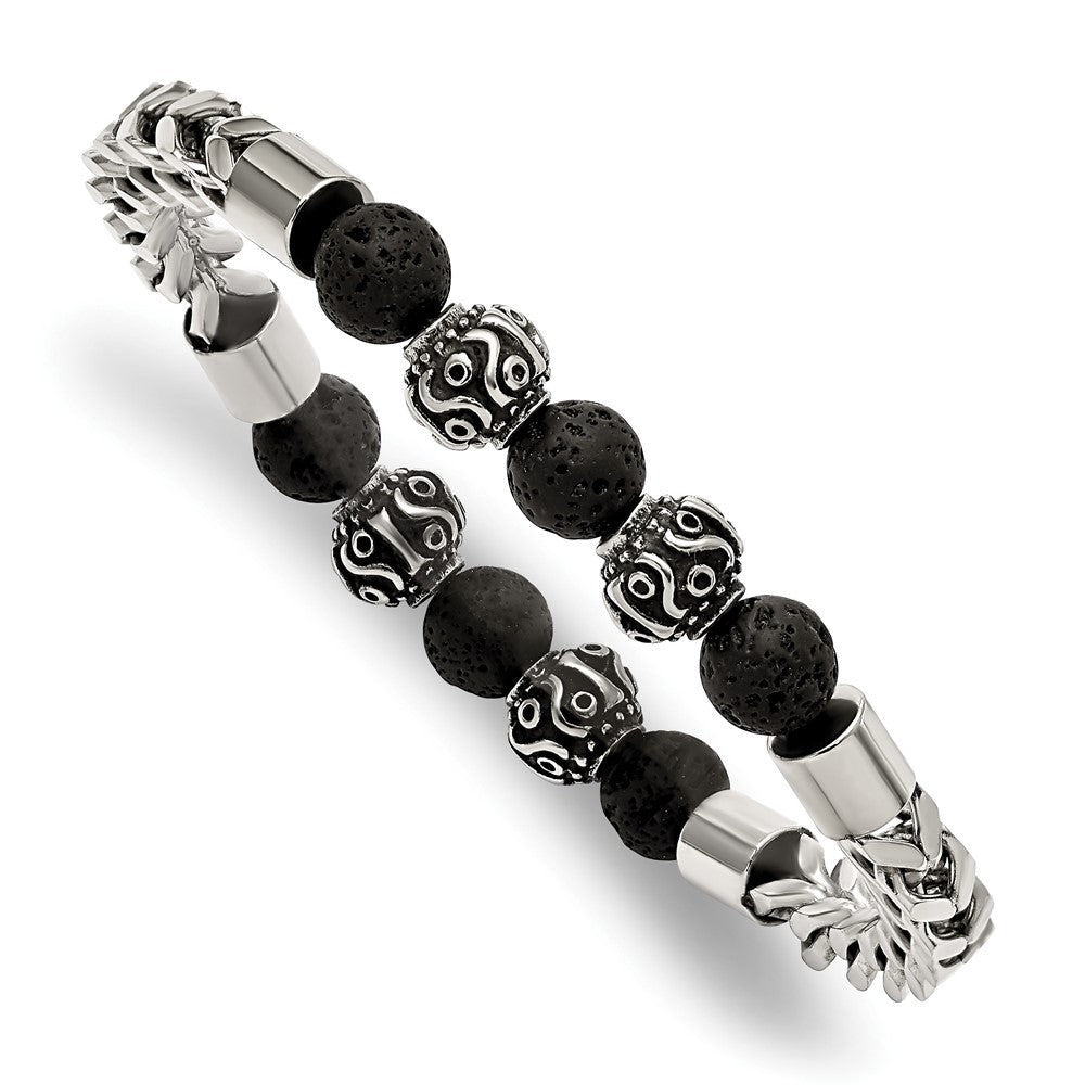 Stainless Steel Antiqued & Polished w/Lava Stone Beads Stretch BraceletSRB2755