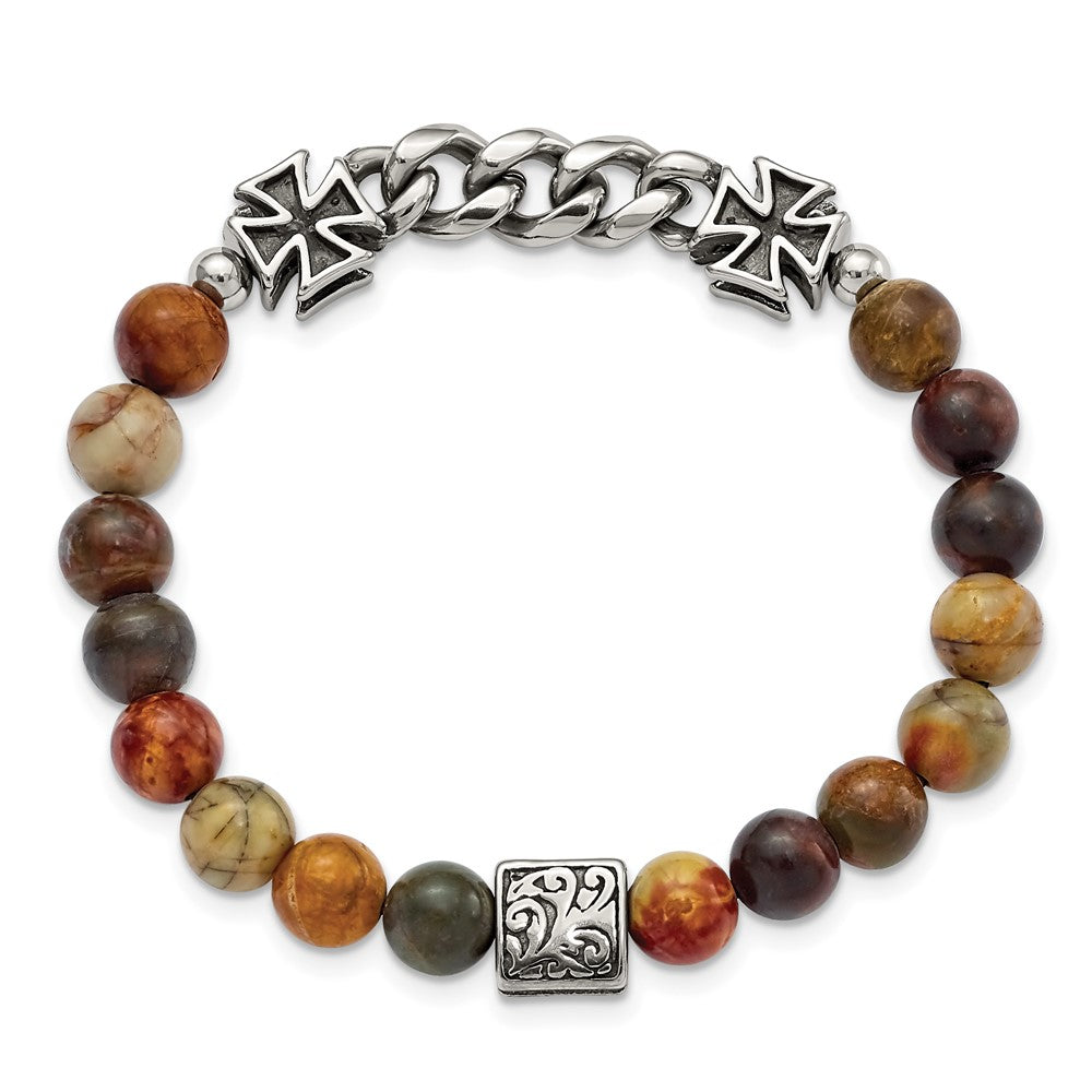 Stainless Steel Antiqued & Polished Natural Turquoise Cross Stretch BraceleSRB2757