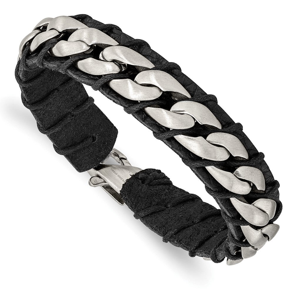 Stainless Steel Brushed Chain and Black Leather 8.5in BraceletSRB2758-8.5