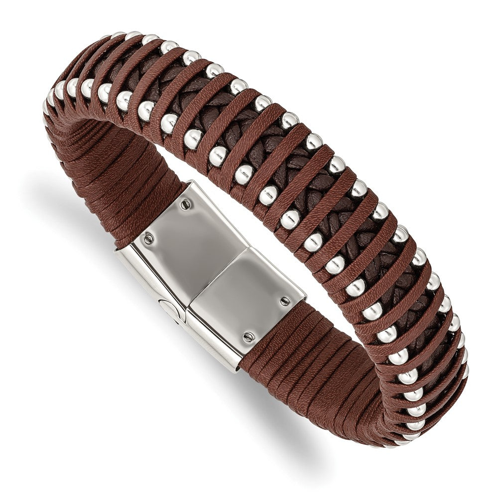 Stainless Steel Polished Beaded Brown Leather 8.25in BraceletSRB2759-8.25
