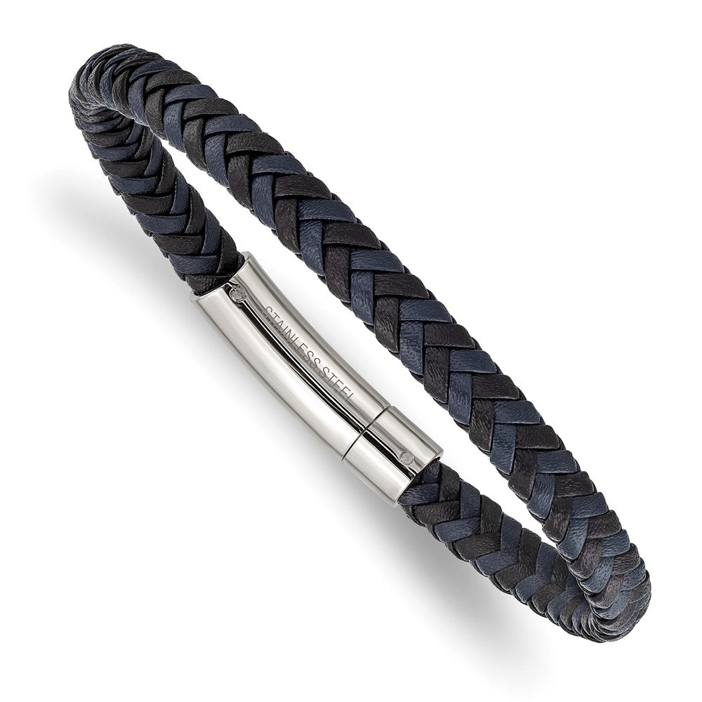 Stainless Steel Polished Black and Blue Braided Leather 8.25in BraceletSRB2760-8.25