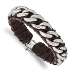 Load image into Gallery viewer, Stainless Steel Brushed Polished &amp; Textured Brown Leather 8.5in BraceletSRB2761-8.5
