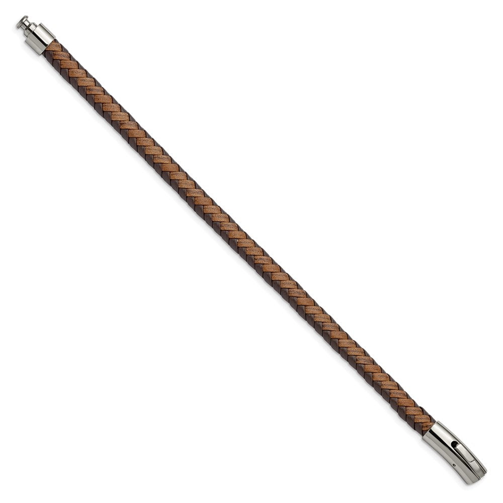 Stainless Steel Polished Brown Braided Leather 8.25in BraceletSRB2762-8.25
