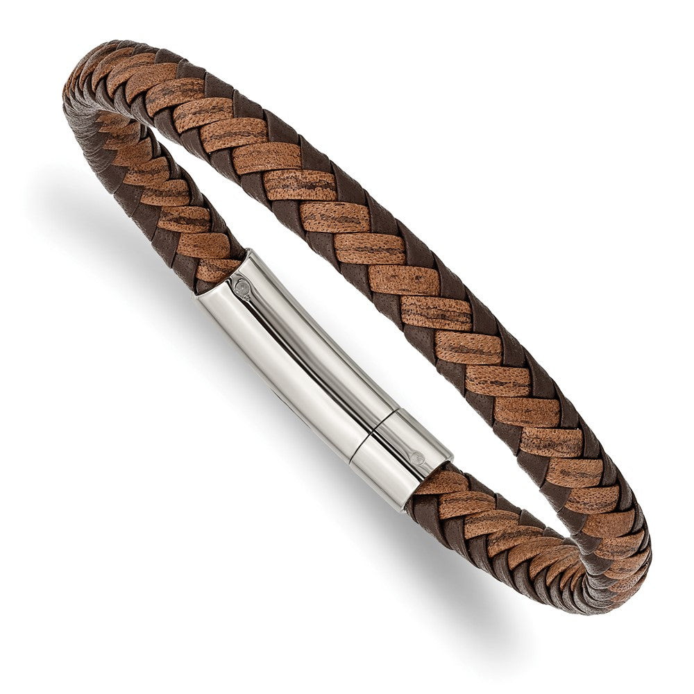 Stainless Steel Polished Brown Braided Leather 8.25in BraceletSRB2762-8.25