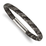 Load image into Gallery viewer, Stainless Steel Polished Black and Gray Braided Leather 8.25in BraceletSRB2763-8.25
