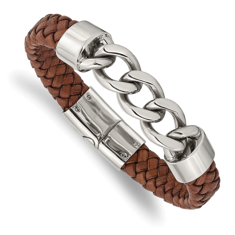 Stainless Steel Polished Chain and Brown Leather 8.25in BraceletSRB2764-8.25