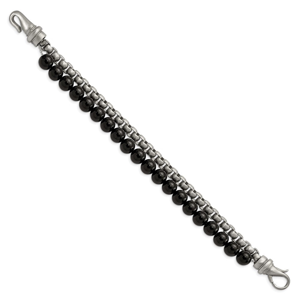 Stainless Steel Brushed Box Chain & Black Onyx 2 Strand 8.5in BraceletSRB2769-8.5