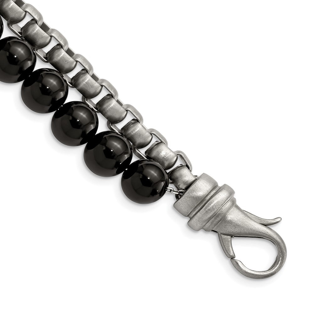 Stainless Steel Brushed Box Chain & Black Onyx 2 Strand 8.5in BraceletSRB2769-8.5