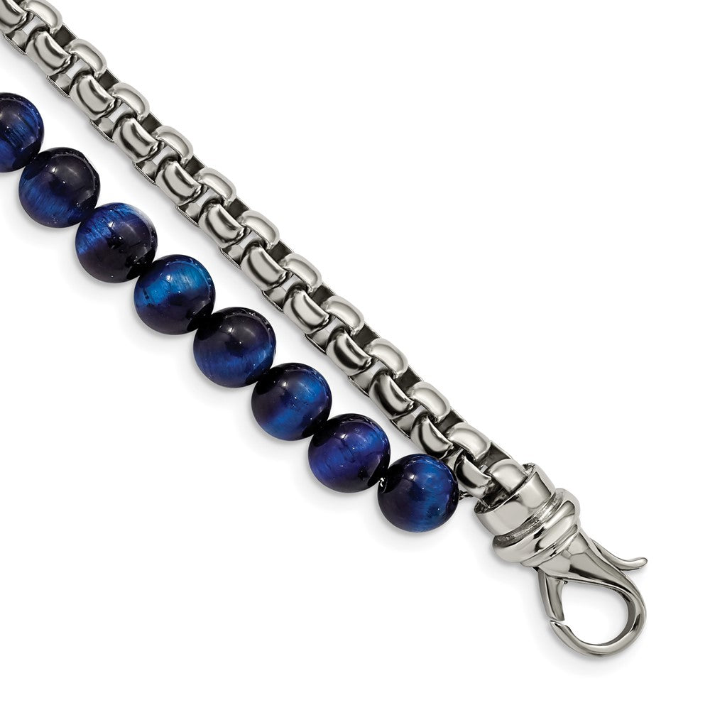 Stainless Steel Polished Box Chain & Blue Tiger's Eye 2 Strand 8.5in BracelSRB2771-8.5