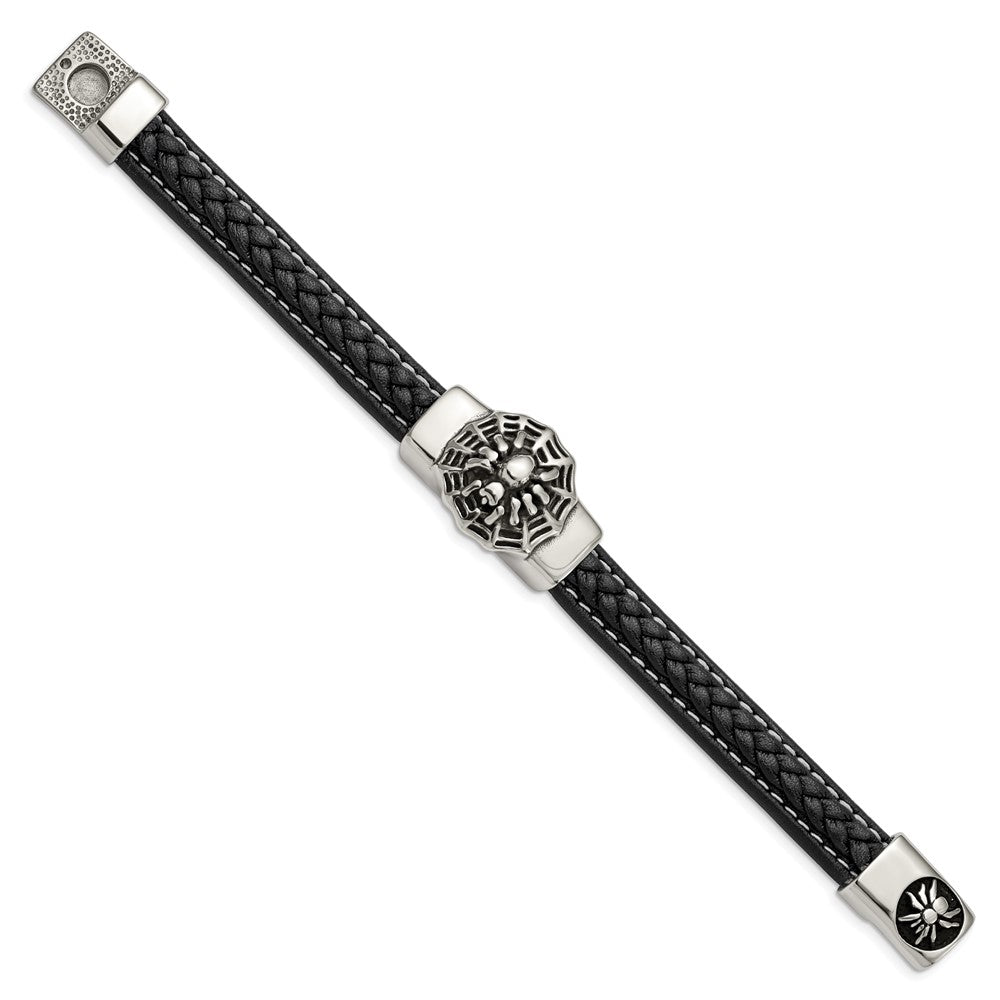 Stainless Steel Antiqued & Polished Spider Blk Faux Leather 8.5in BraceletSRB2788-8.5