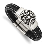 Load image into Gallery viewer, Stainless Steel Antiqued &amp; Polished Spider Blk Faux Leather 8.5in BraceletSRB2788-8.5
