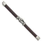 Load image into Gallery viewer, Stainless Steel Antiqued &amp; Polished Dark Brown Faux Leather 8.5in BraceletSRB2789-8.5
