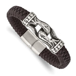 Load image into Gallery viewer, Stainless Steel Antiqued &amp; Polished Dark Brown Faux Leather 8.5in BraceletSRB2789-8.5
