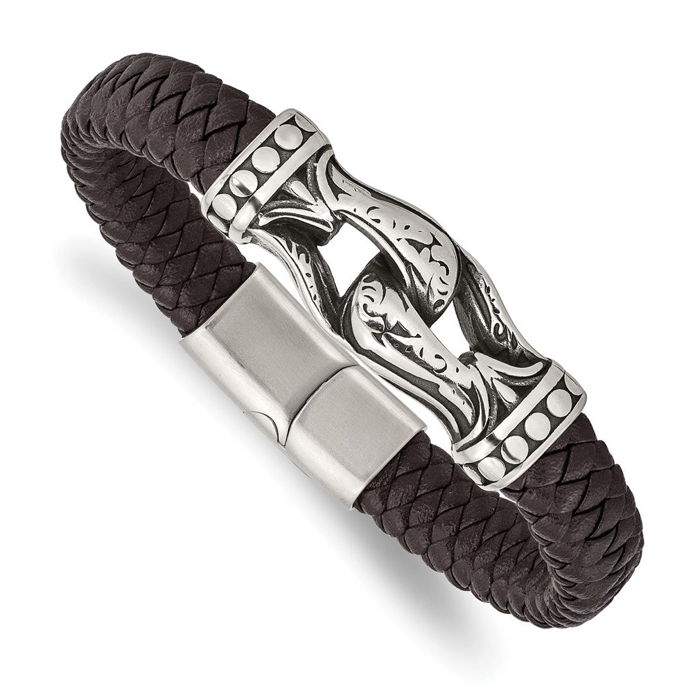 Stainless Steel Antiqued & Polished Dark Brown Faux Leather 8.5in BraceletSRB2789-8.5