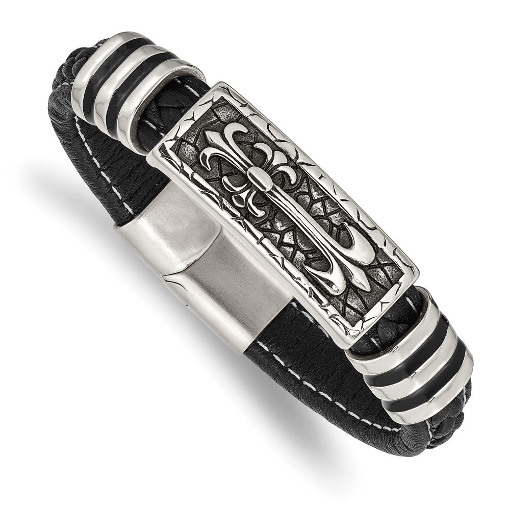 Stainless Steel Antiqued & Polished w/Enamel Faux Leather 8.5in BraceletSRB2790-8.5