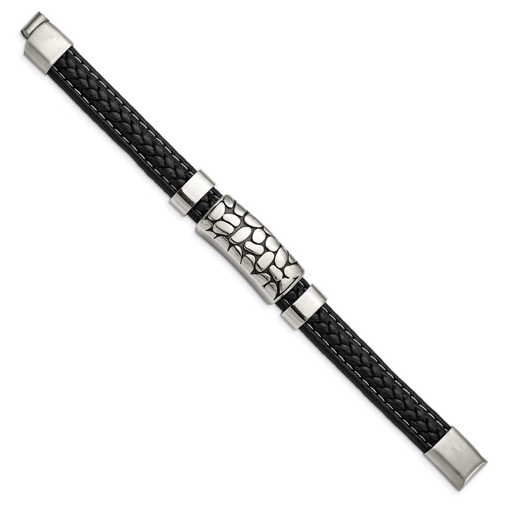 Stainless Steel Antiqued & Polished Black Faux Leather 8.5in BraceletSRB2792-8.5