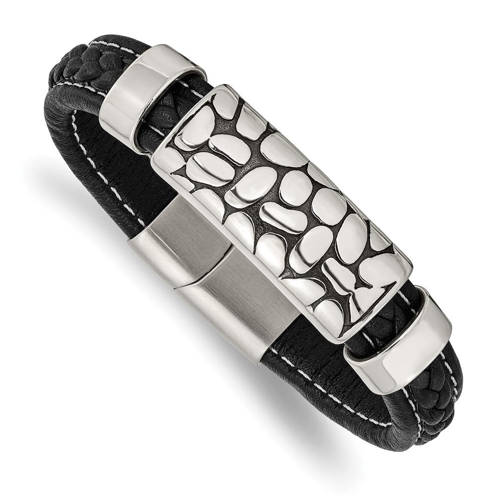 Stainless Steel Antiqued & Polished Black Faux Leather 8.5in BraceletSRB2792-8.5