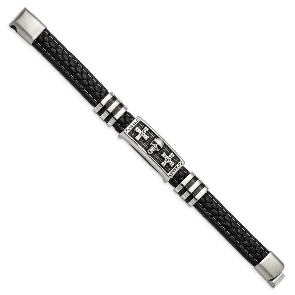Stainless Steel Antiqued & Polished w/Enamel Skull Faux Leather BraceletSRB2793-8.5