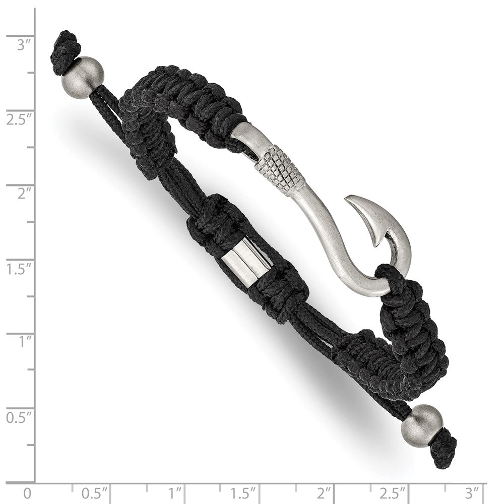 Stainless Steel Brushed Fishing Hook Black Nylon Adjustable BraceletSRB2798