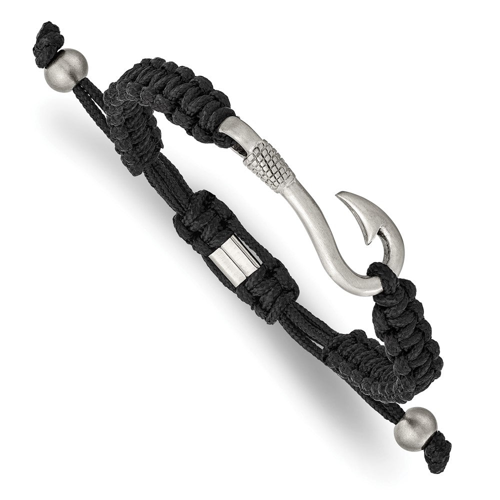 Stainless Steel Brushed Fishing Hook Black Nylon Adjustable BraceletSRB2798