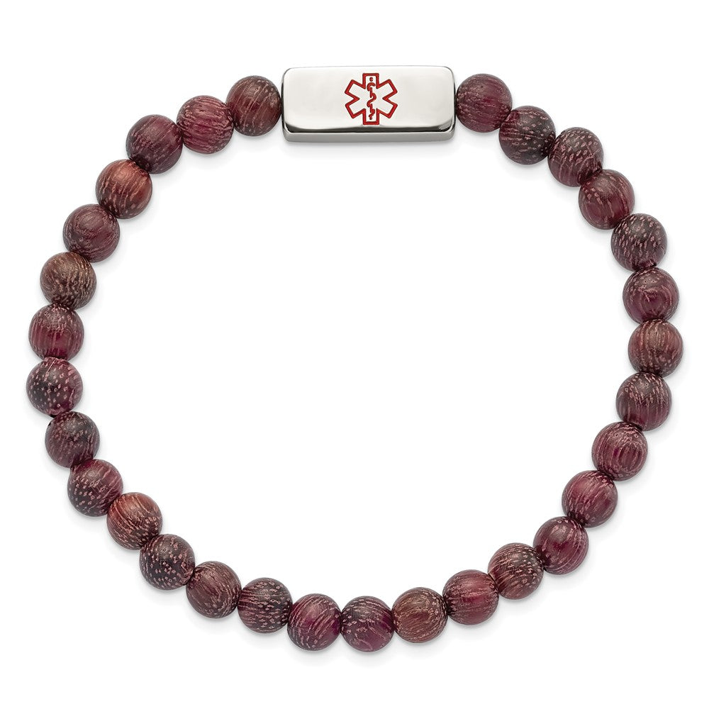 Stainless Steel Polished with Enamel Medical ID Peltogyne Wood BraceletSRB2807