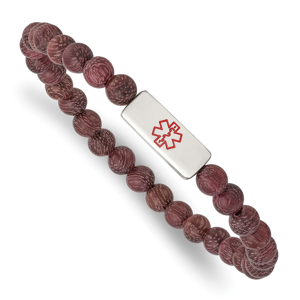 Stainless Steel Polished with Enamel Medical ID Peltogyne Wood BraceletSRB2807