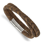 Load image into Gallery viewer, Stainless Steel Polished Brown Leather 14.75in Wrap BraceletSRB2811
