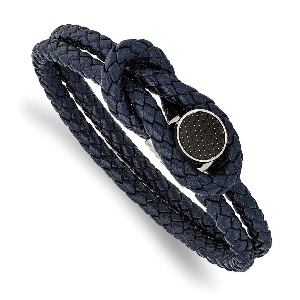 Stainless Steel Polished w/Carbon Fiber Inlay Navy Leather 8.5in BraceletSRB2817-8.5