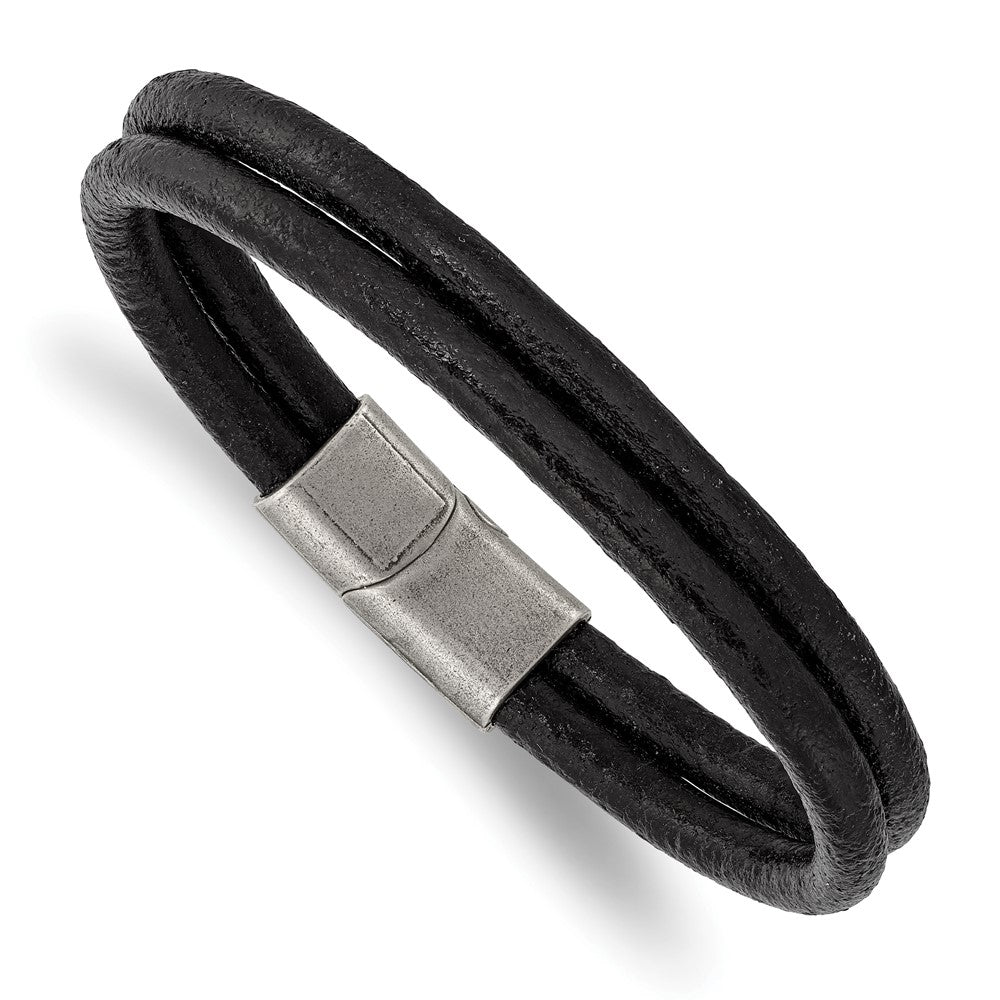 Stainless Steel Antiqued Black Leather 2-Strand 8.25in BraceletSRB2825-8.25