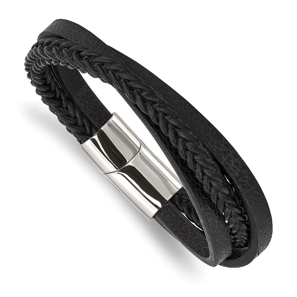 Stainless Steel Polished Black Leather Multi-Strand 8.25in BraceletSRB2828-8.25