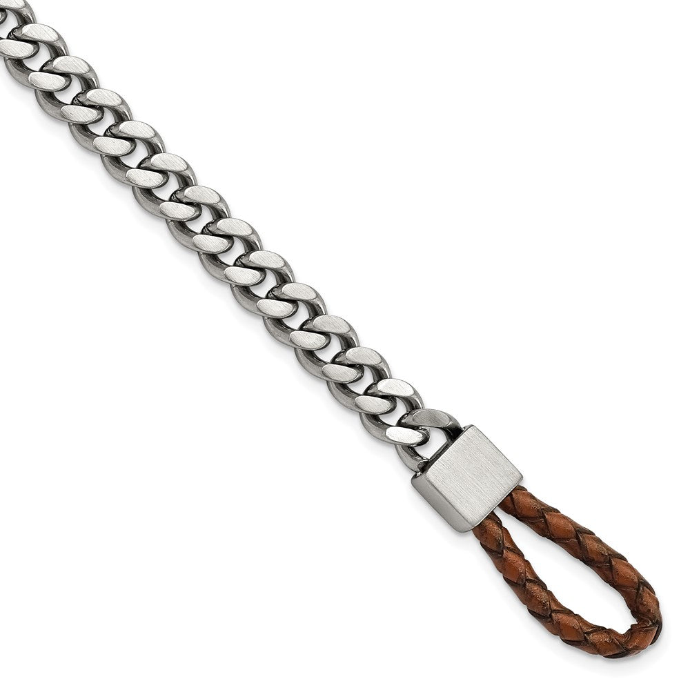 Stainless Steel Brushed & Polished Curb Chain w/Brown Leather Hook BraceletSRB2837-8.25