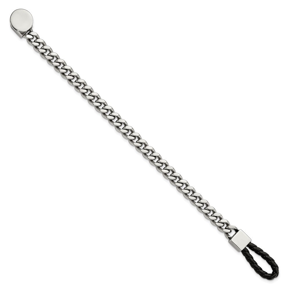 Stainless Steel Polished Curb Chain w/Black Leather Hook 8.25in BraceletSRB2838-8.25
