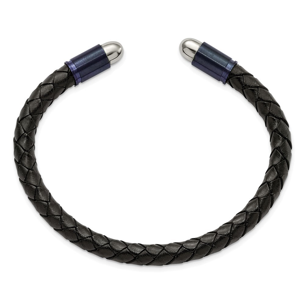 Stainless Steel Brushed & Polished Dark Grey IP Blk Leather Flexible BangleSRB2922