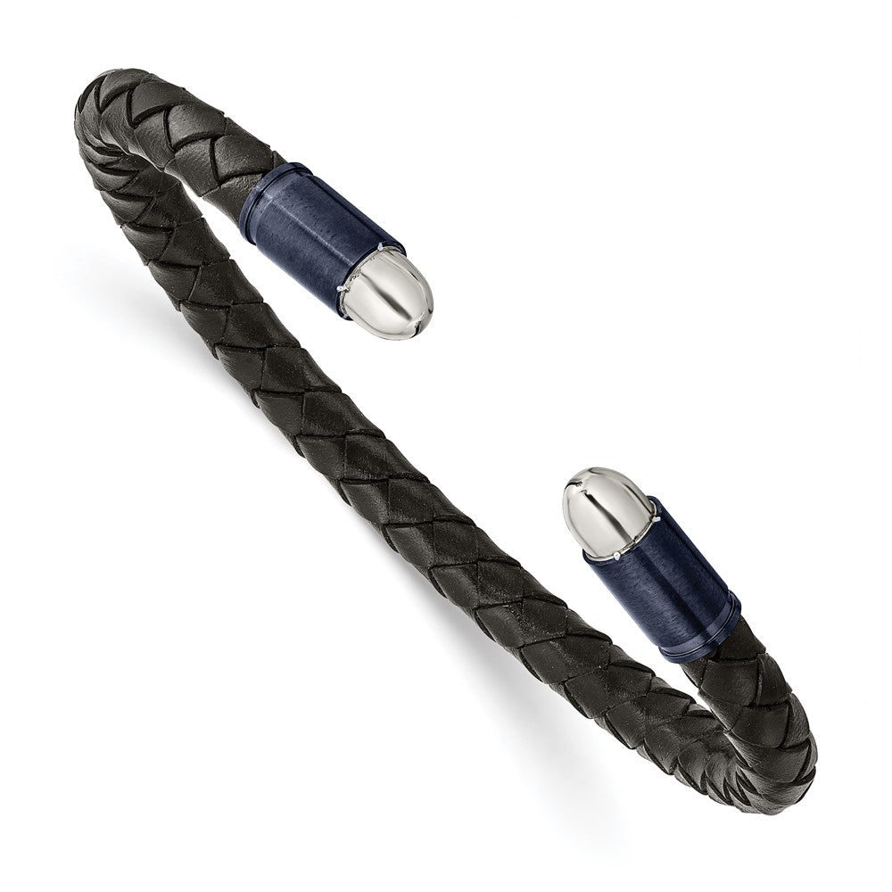 Stainless Steel Brushed & Polished Dark Grey IP Blk Leather Flexible BangleSRB2922