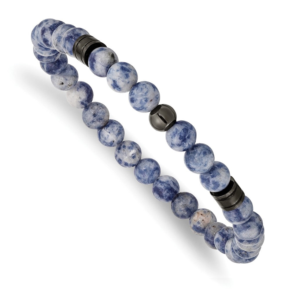 Stainless Steel Polished Gun Metal IP and Lapis Beaded Stretch BraceletSRB2947