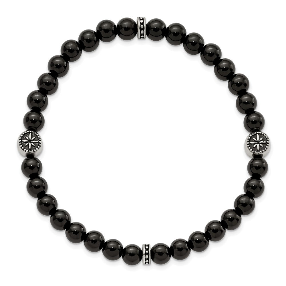 Stainless Steel Antiqued & Polished Black Agate Beaded Stretch BraceletSRB2949