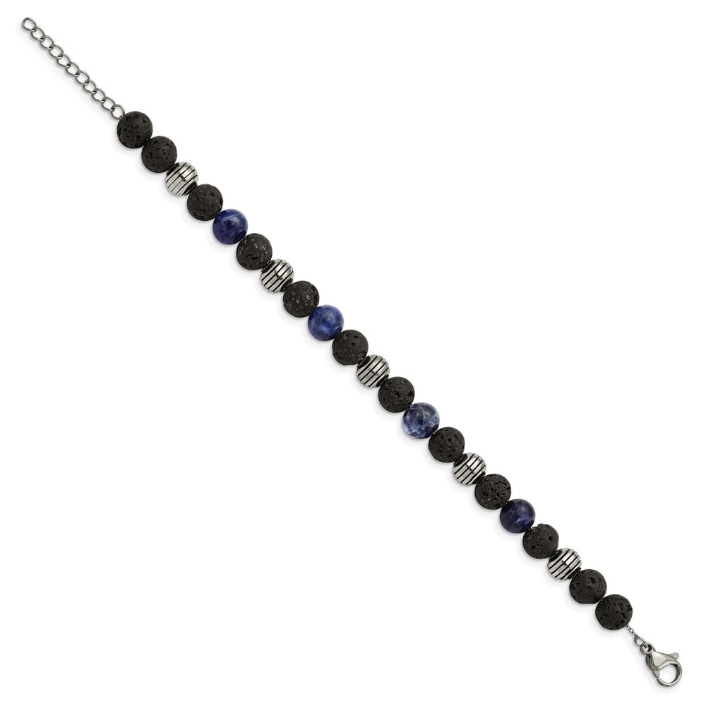 Stainless Steel Antiqued & Polished Lava Stone/Sodalite w/1in ext BraceletSRB2974-7.5