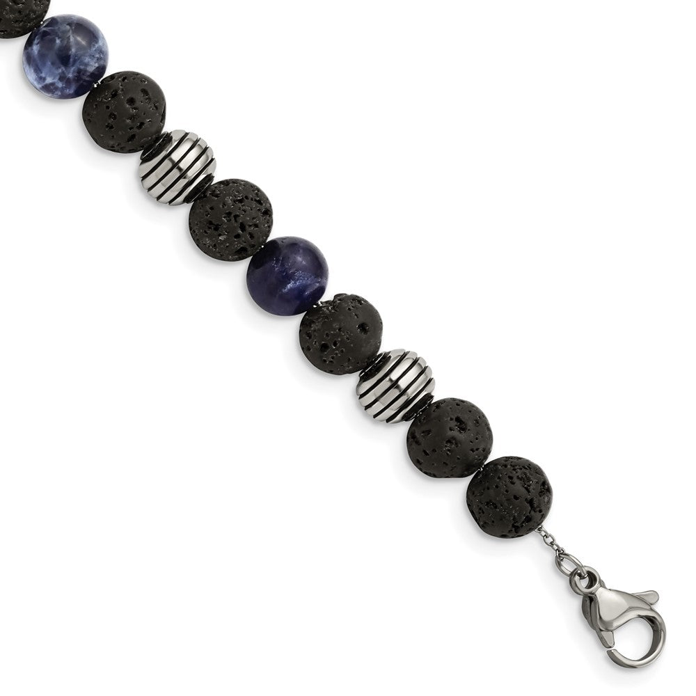 Stainless Steel Antiqued & Polished Lava Stone/Sodalite w/1in ext BraceletSRB2974-7.5
