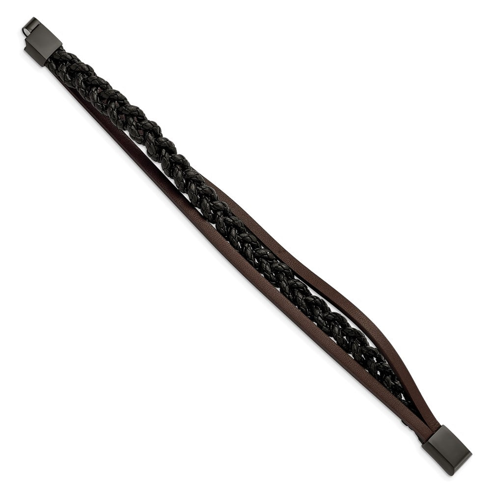 Stainless Steel Brushed Black IP Multi Strand Black/Brown Leather BraceletSRB2976-8.25