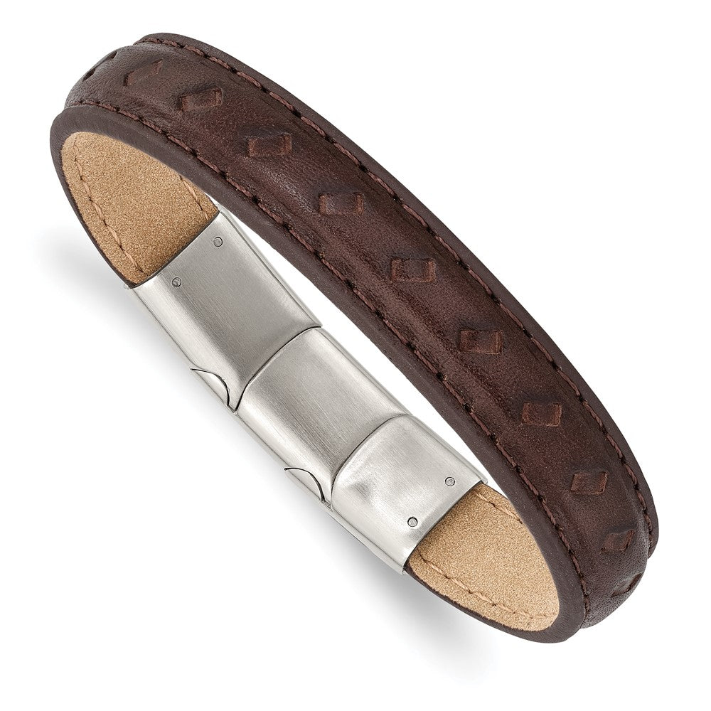 Stainless Steel Polished Brown Leather w/.5in ext 7.75in BraceletSRB2978-7.75