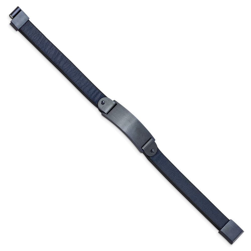 Stainless Steel Brushed Dark Grey IP-plated Blue Leather 8.5in ID BraceletSRB2982-8.5