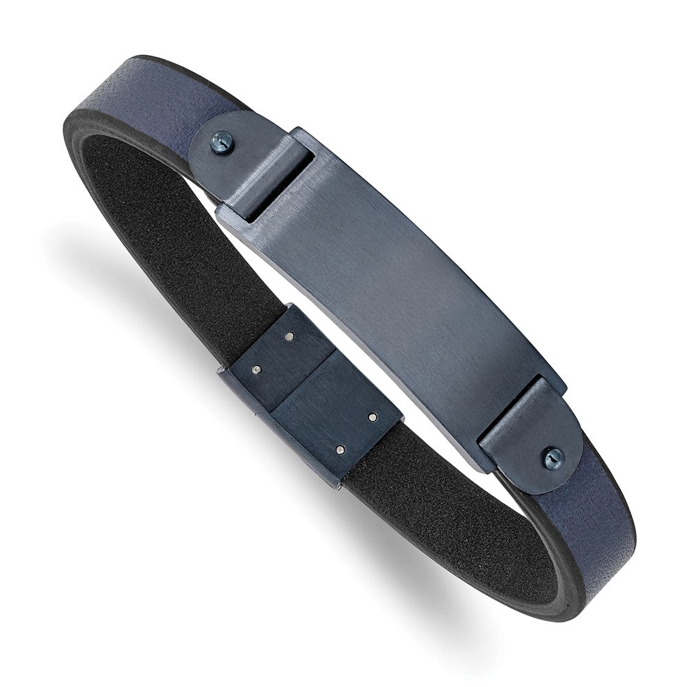 Stainless Steel Brushed Dark Grey IP-plated Blue Leather 8.5in ID BraceletSRB2982-8.5
