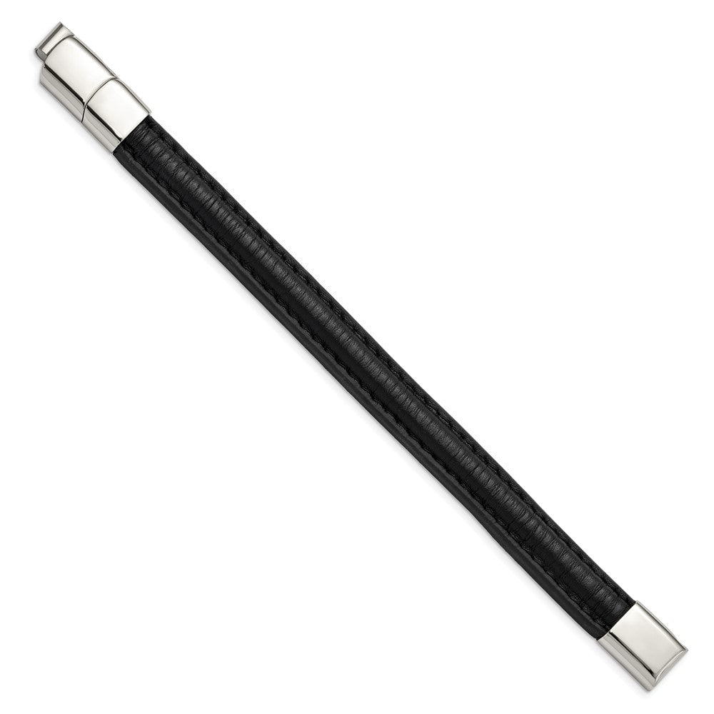 Stainless Steel Polished Black Leather w/.5in ext 7.75in BraceletSRB2983-7.75