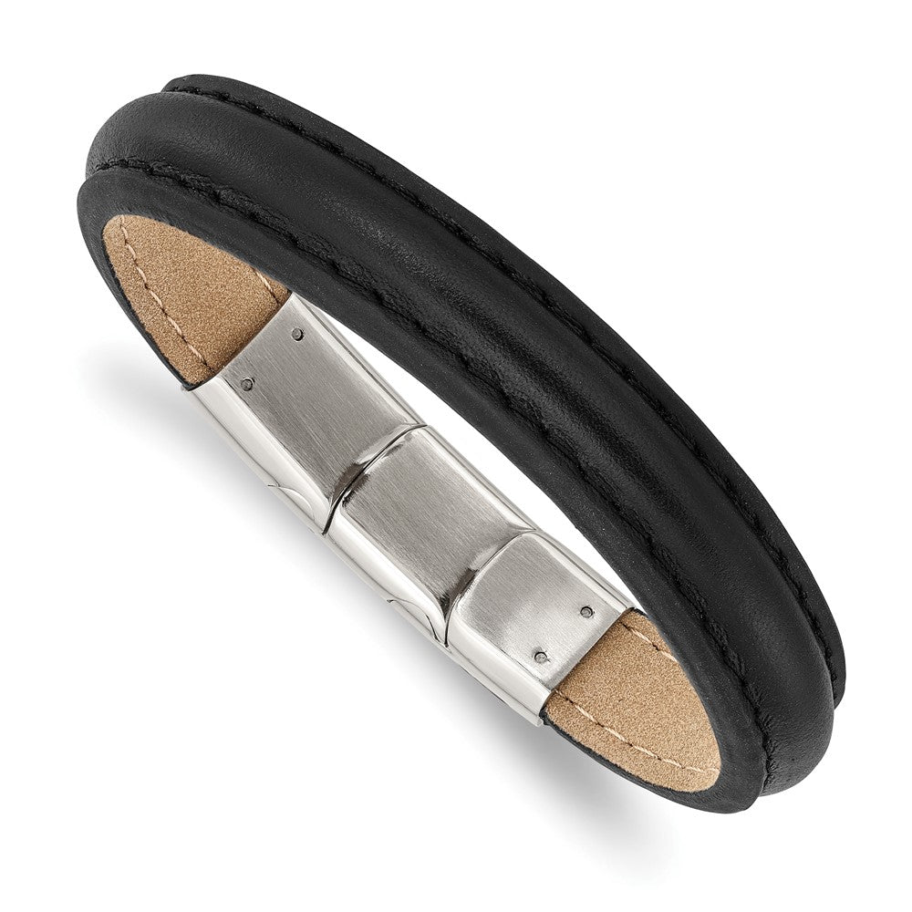 Stainless Steel Polished Black Leather w/.5in ext 7.75in BraceletSRB2983-7.75
