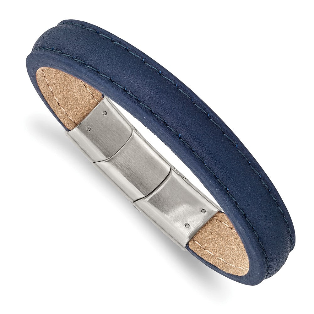 Stainless Steel Polished Blue Leather w/.5in ext 7.75in  BraceletSRB2984-7.75