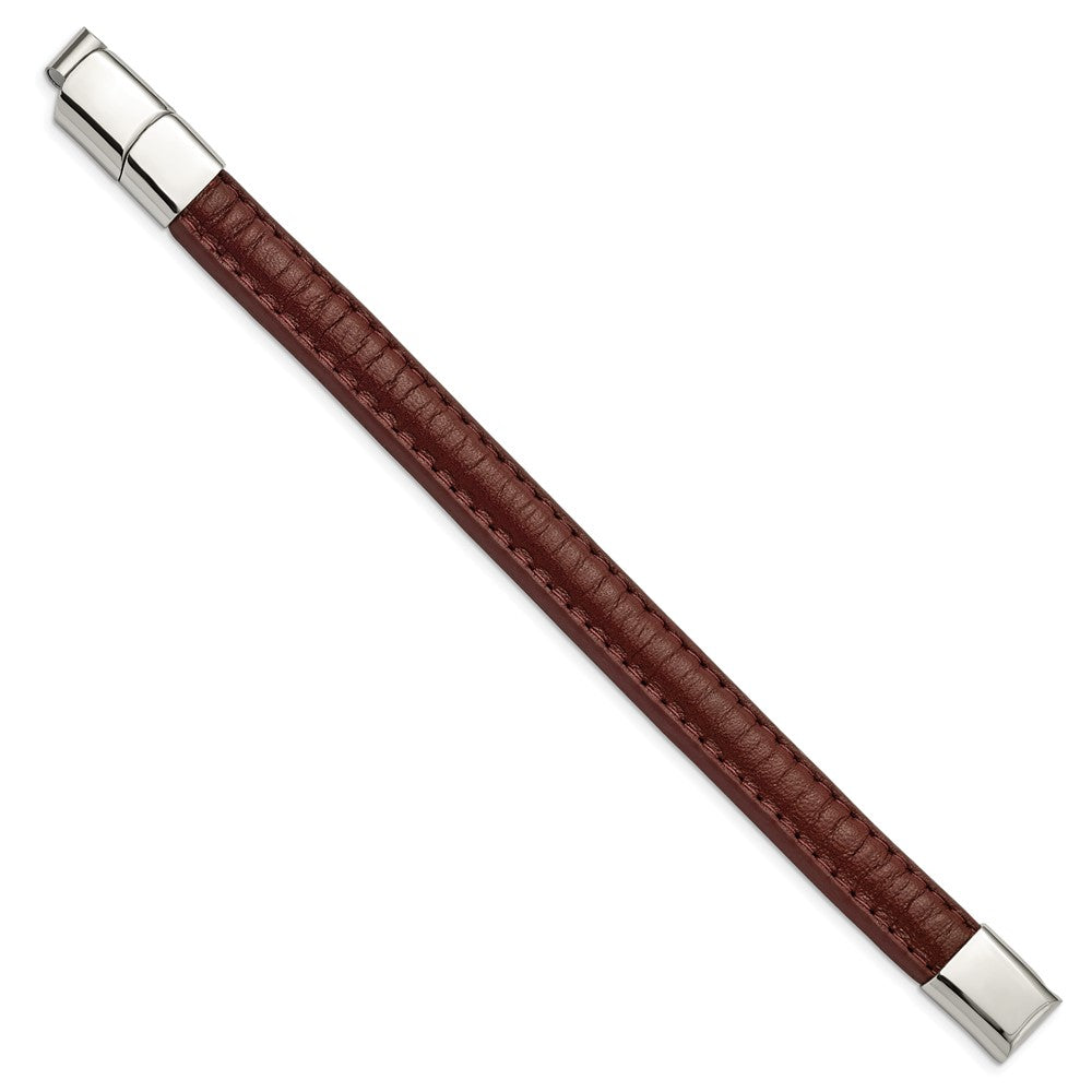 Stainless Steel Polished Brown Leather w/.5in ext 7.75in BraceletSRB2985-7.75