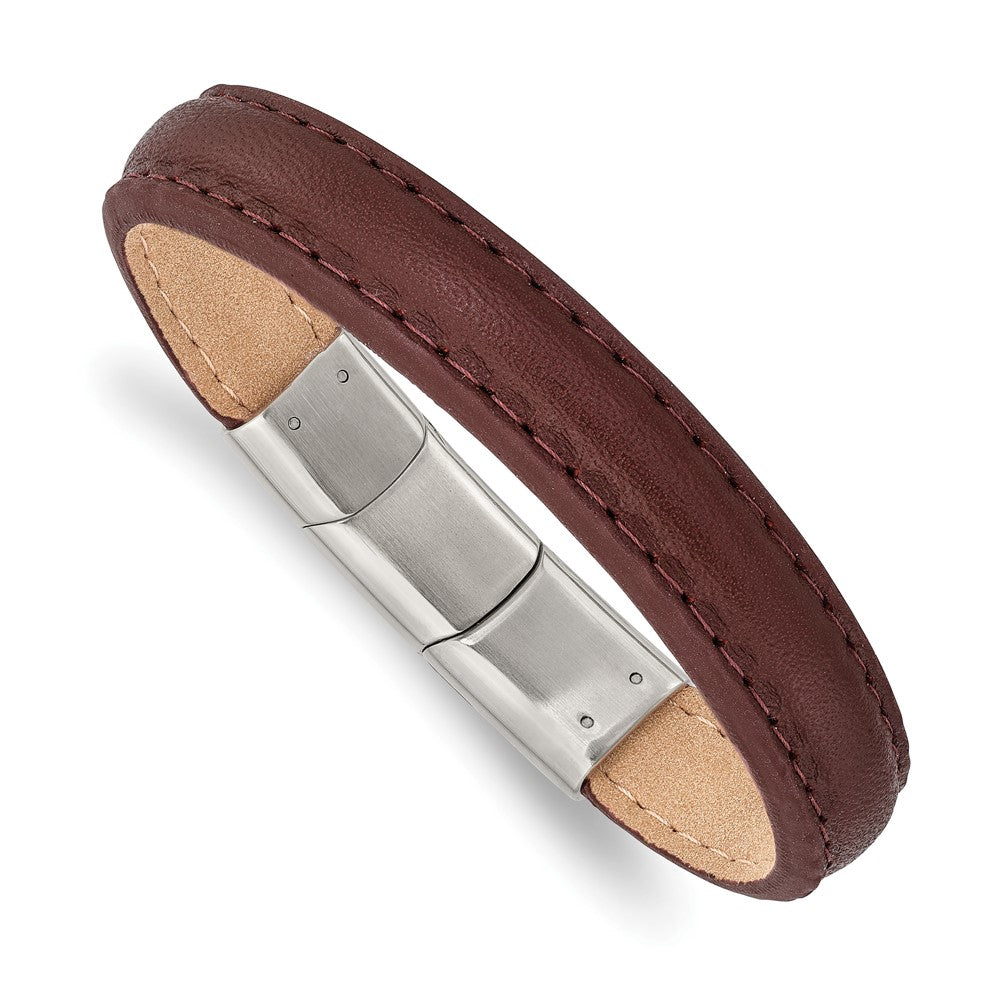 Stainless Steel Polished Brown Leather w/.5in ext 7.75in BraceletSRB2985-7.75