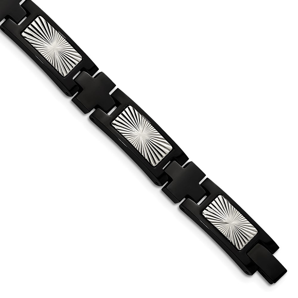 Stainless Steel Polished and Textured Black IP-plated 8.5in Link BraceletSRB2987-8.5