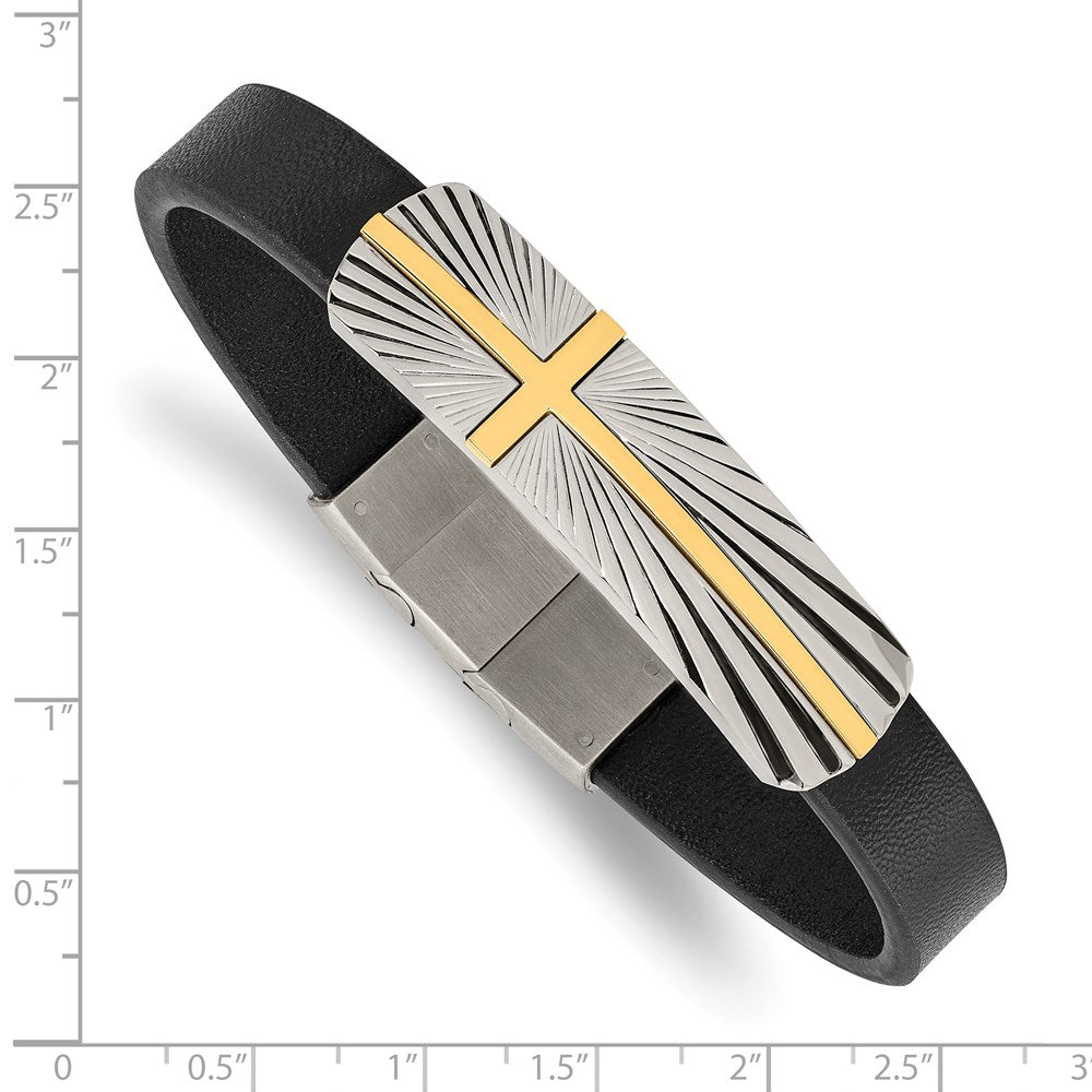 Stainless Steel Polished Yellow IP Cross Black Leather w/.5in ext BraceletSRB2988-8